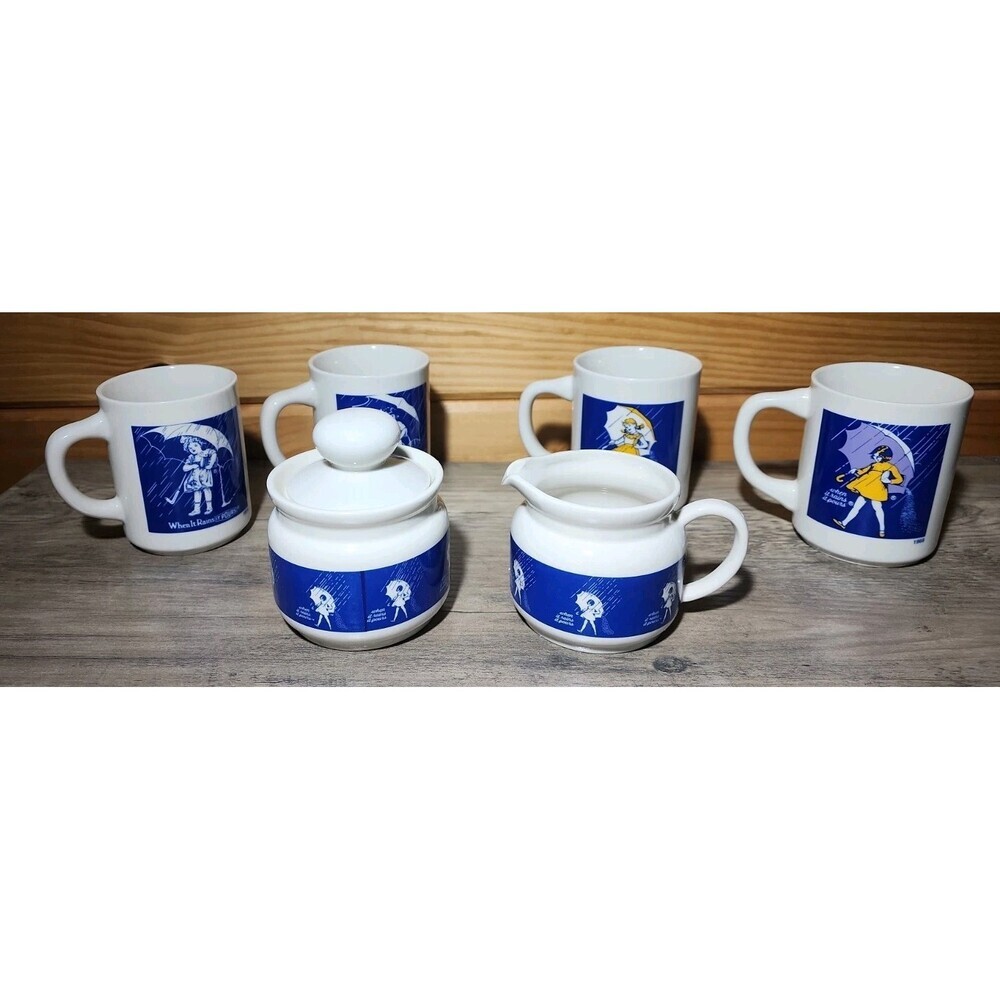 Vintage Mail Order Morton Salt Set 7 Lot Umbrella Girl 4 Mugs, Creamer, Sugar - Picture 2 of 11